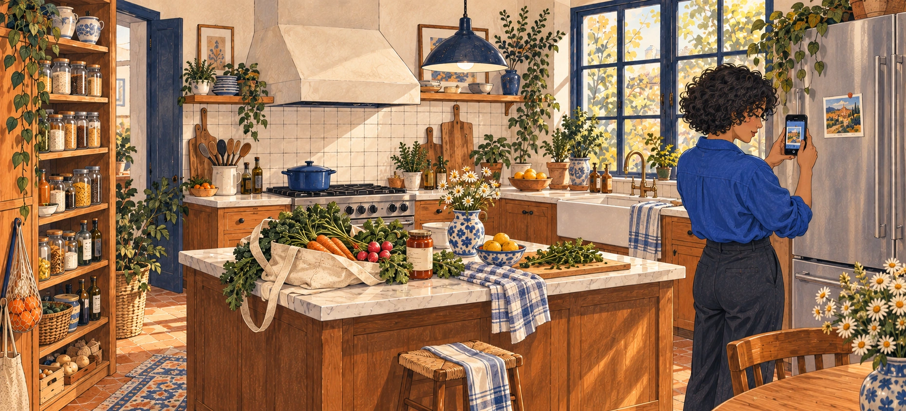 In the same kitchen, the woman deliberately points her phone at a marker on the fridge. The pantry and ingredients remain visible nearby.
