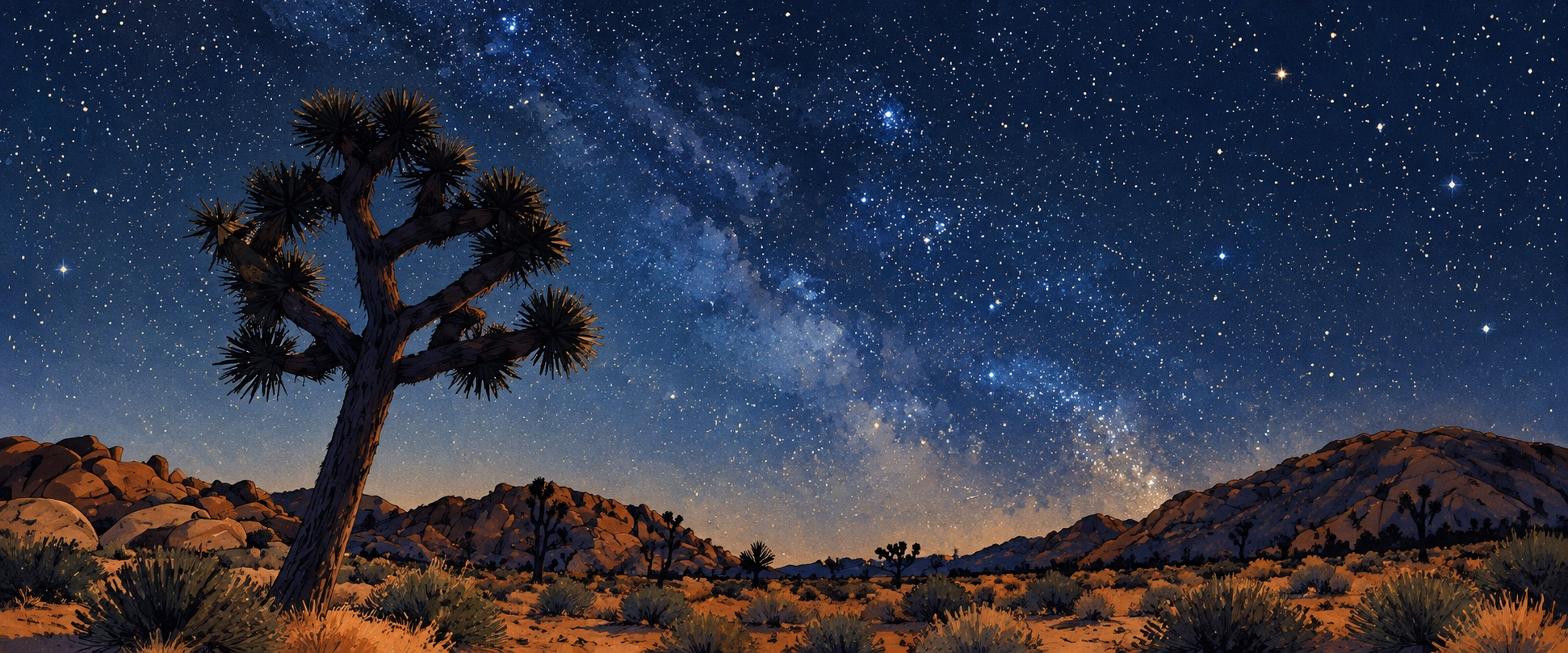 Illustration of a Joshua tree beneath a star-filled desert sky, with warm ochre rocks along the horizon.